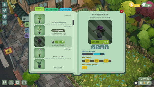 The Leafy Corner plant journal showing African Violet details, growth stage, and prices
